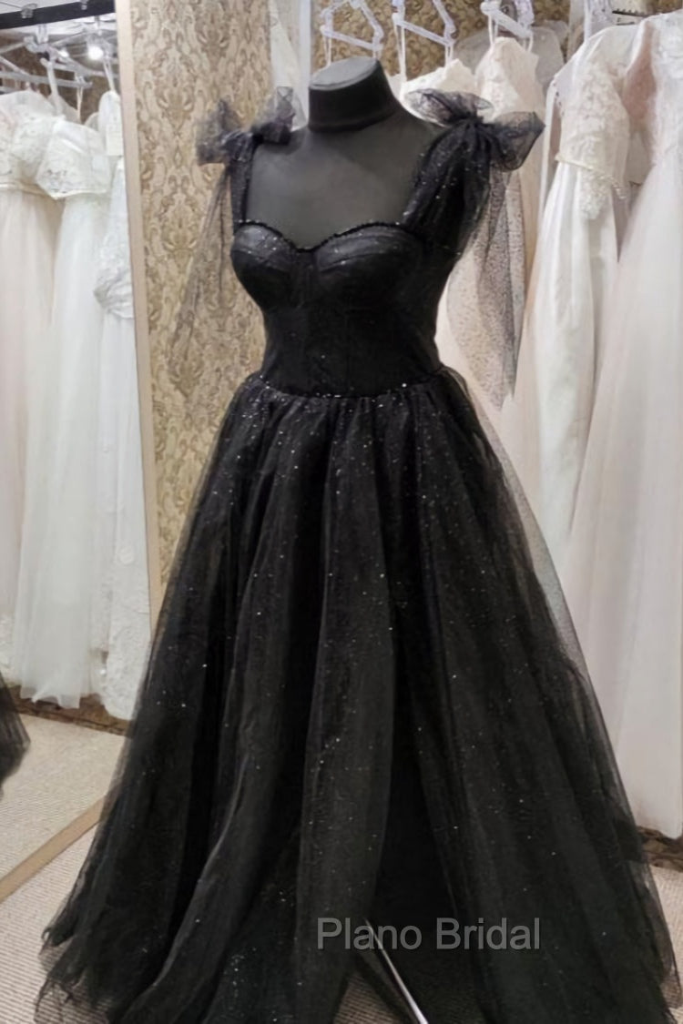 Black Tulle Floor Length Long Party Dresses with Slit, Black Evening Dresses Main image