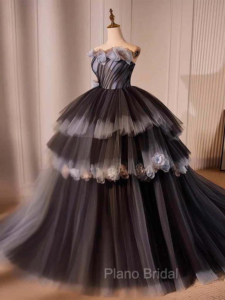 Black Tulle Flower Long Formal Prom Gown, Black Sweet 16 Dresses