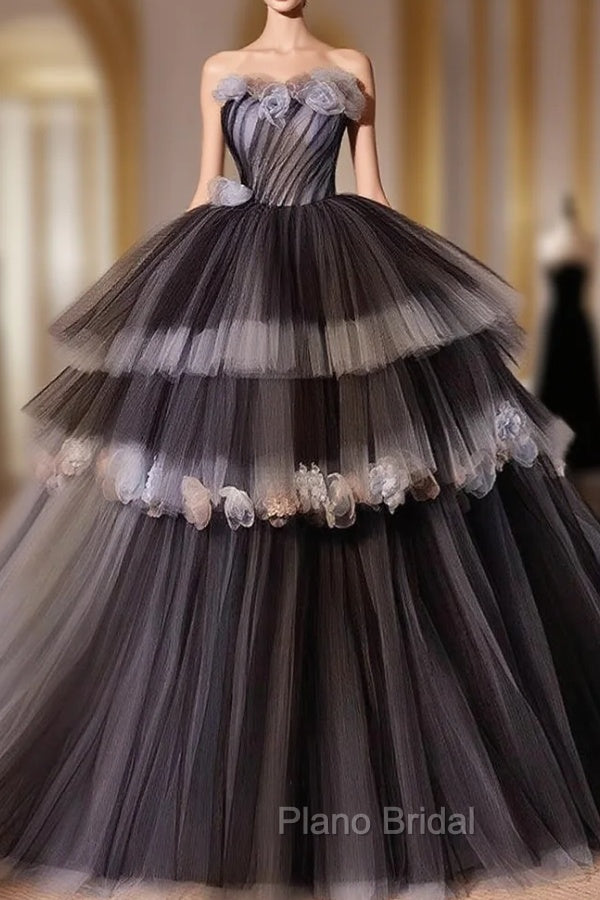 Black Tulle Flower Long Formal Prom Gown, Black Sweet 16 Dresses Main image