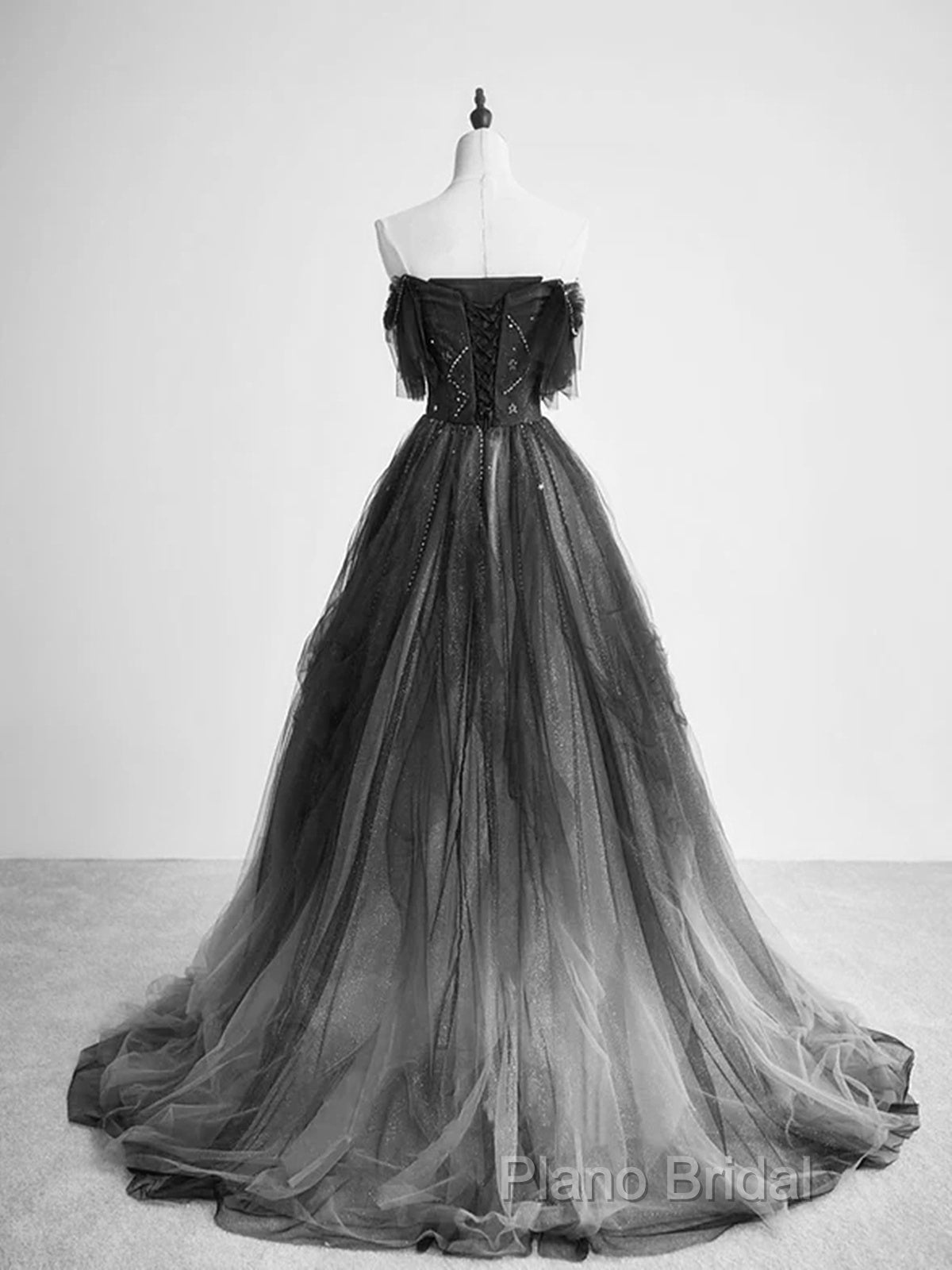 Black Tulle Gradient Long Party Dresses With Beadings, Black Formal Dresses Formal Prom Dresses