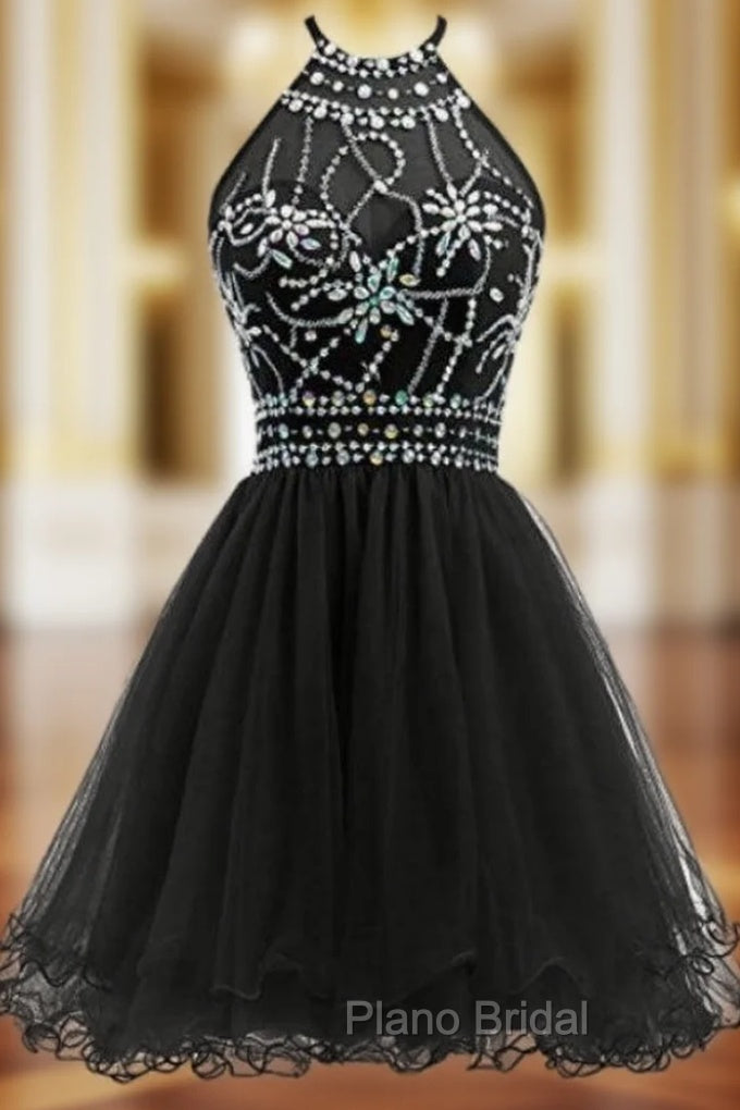 Black Tulle Halter Backless With Crystal Homecoming Dresses