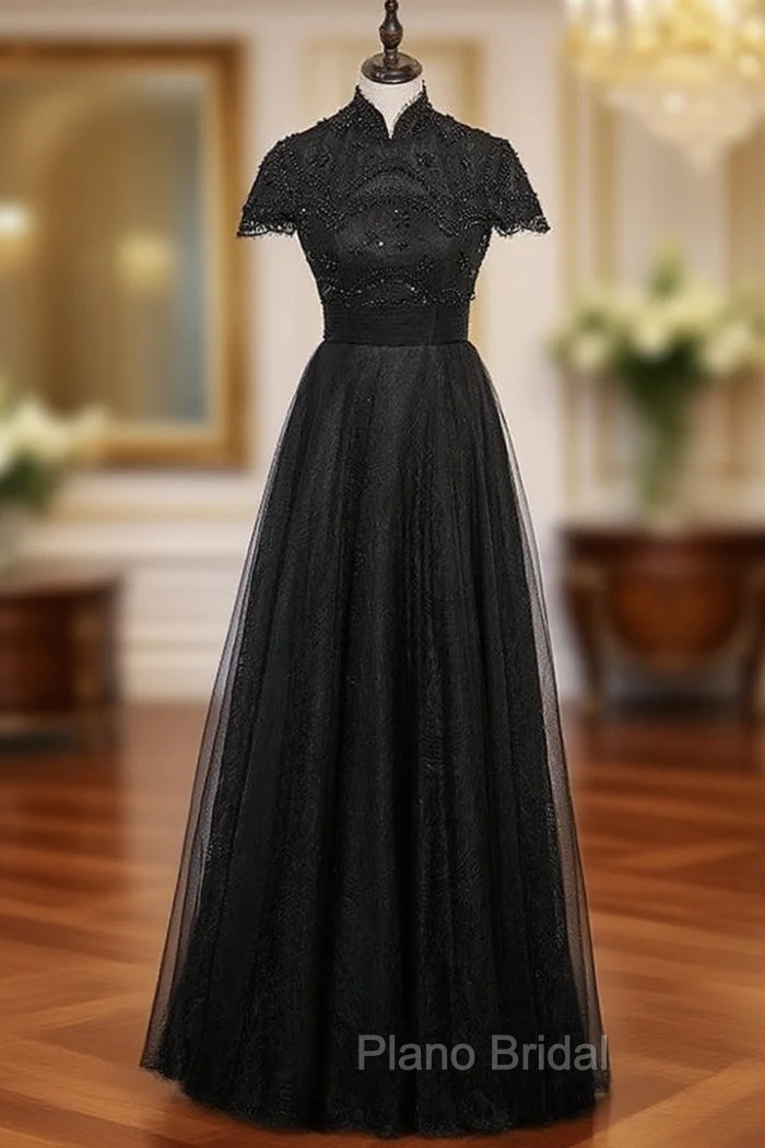 Black Tulle High Neck Cap Sleeve Beading Formal Prom Dresses Main image