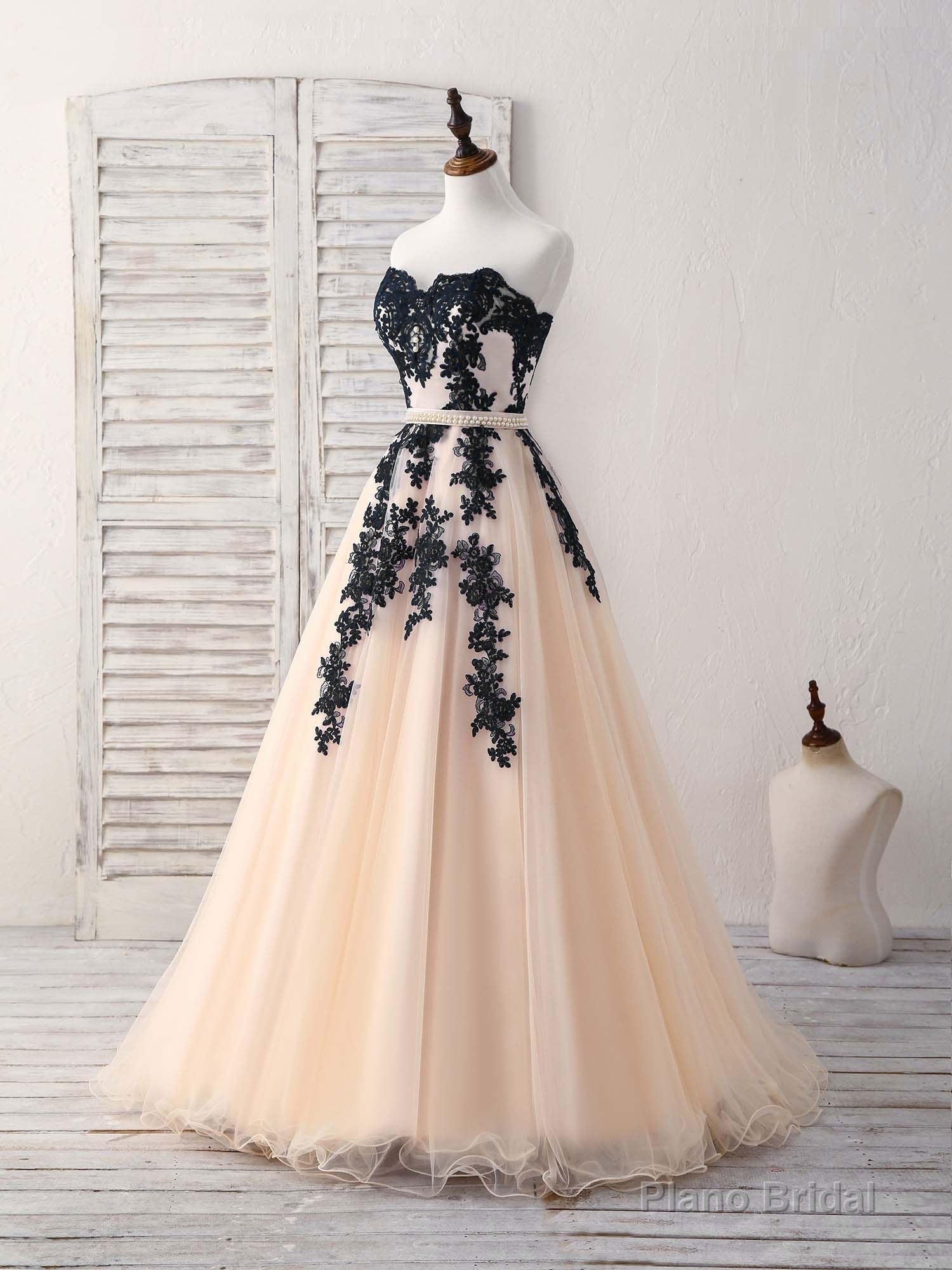 Black Tulle Lace Applique Long Prom Dress, Black Evening Dress Main image
