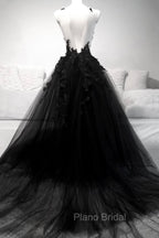Black Tulle Lace Long A-Line Formal Prom Dresses, Black V-Neck Evening Dresses