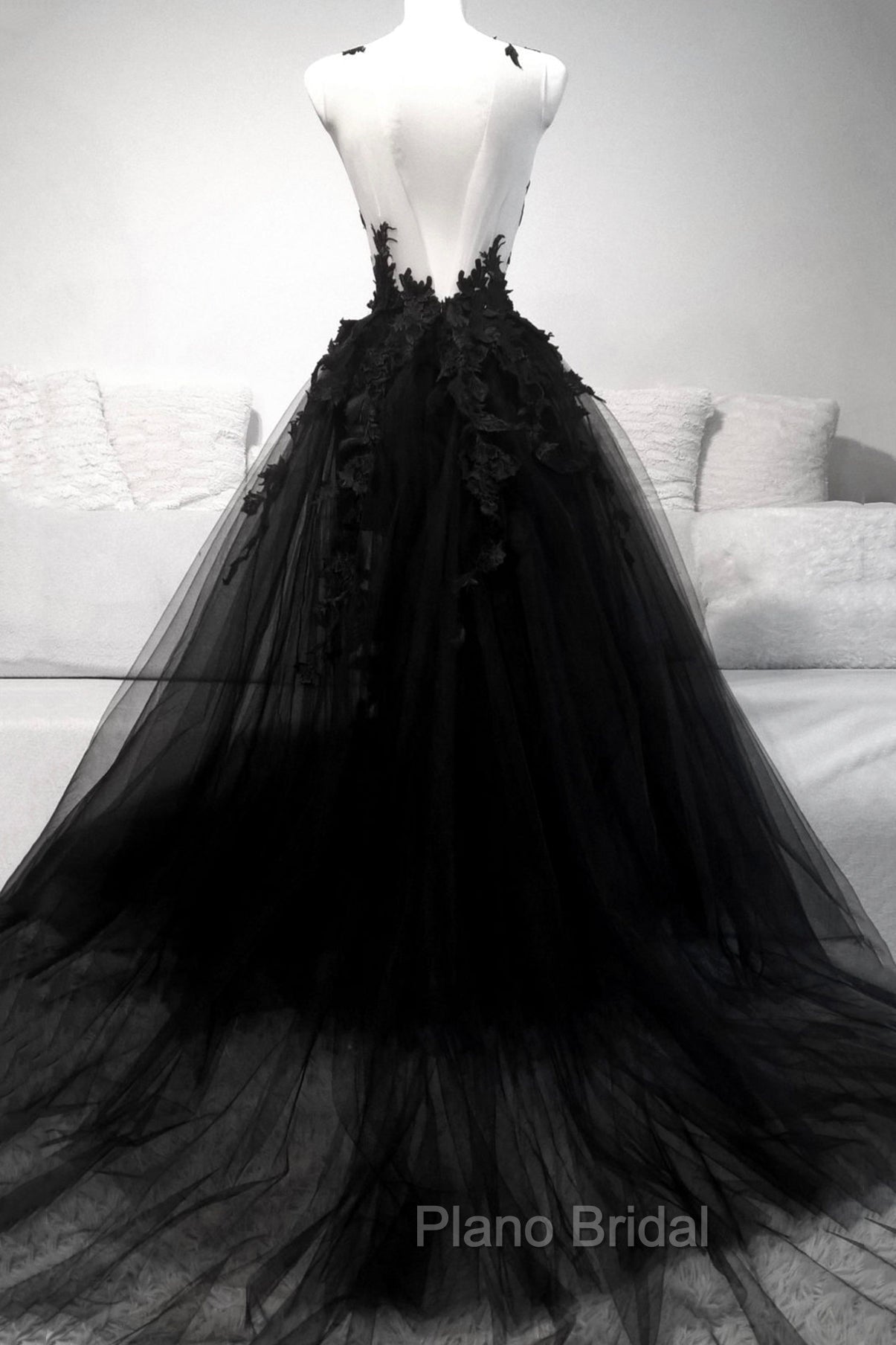 Black Tulle Lace Long A-Line Formal Prom Dresses, Black V-Neck Evening Dresses