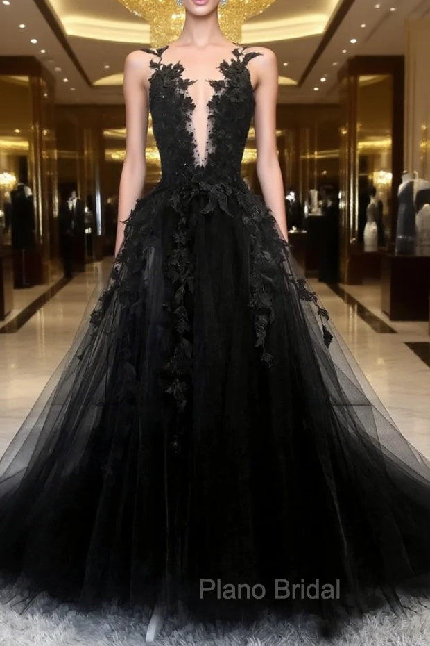 Black Tulle Lace Long A-Line Formal Prom Dresses, Black V-Neck Evening Dresses Main image