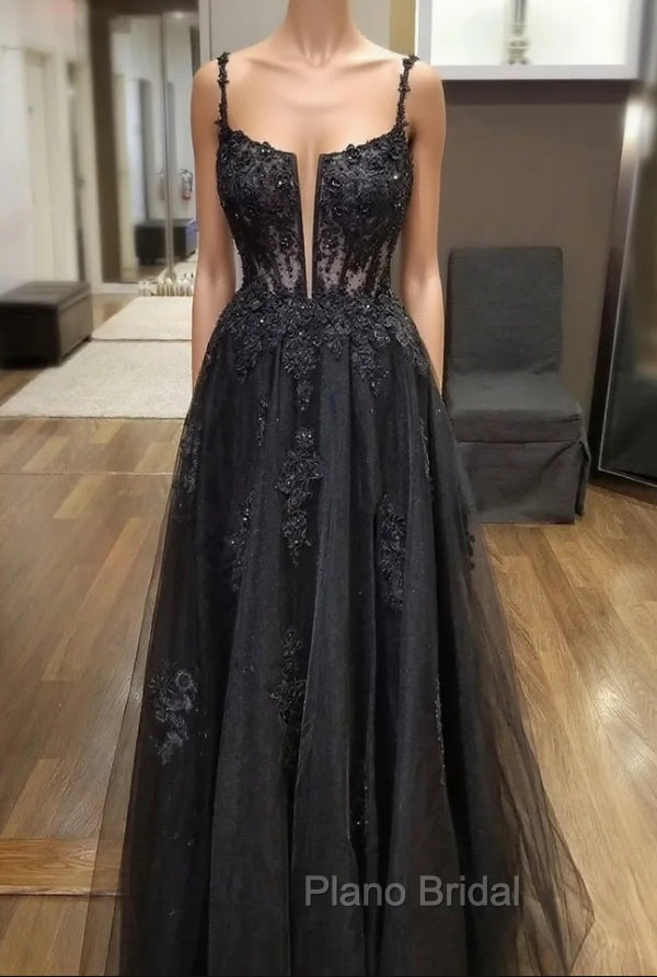 Black Tulle Lace Long Formal Prom Dresses, A-Line Spaghetti Straps Evening Dresses Main image