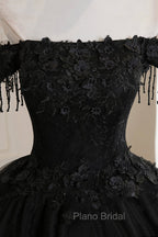 Black Tulle Lace Long Formal Prom Dresses, Black A-Line Evening Gown