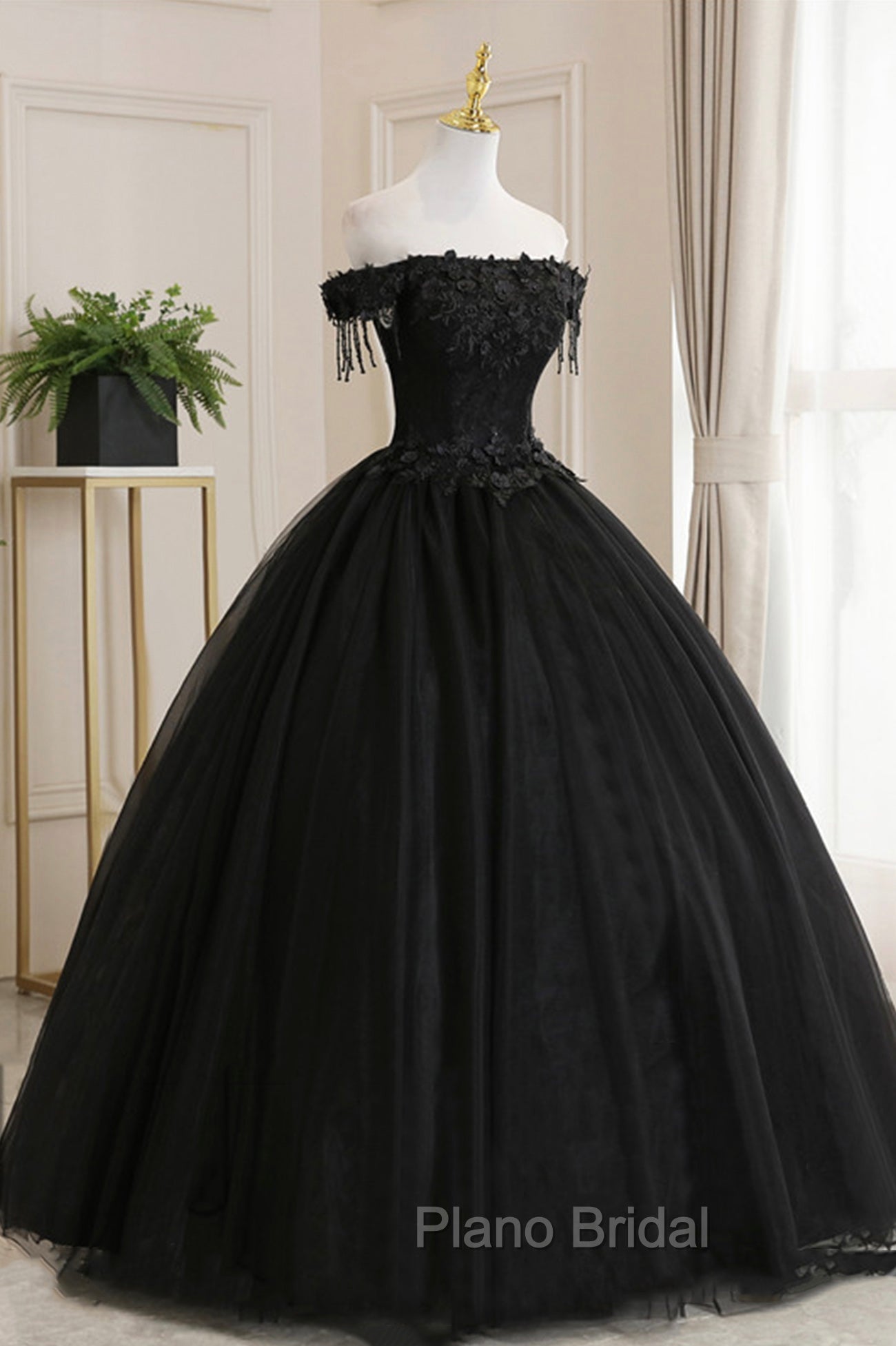 Black Tulle Lace Long Formal Prom Dresses, Black A-Line Evening Gown