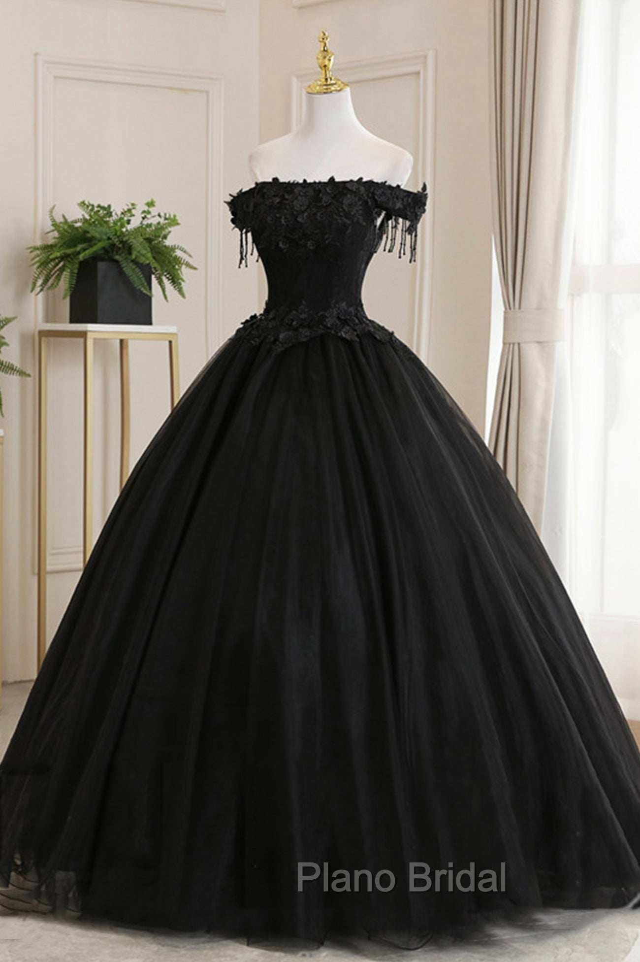 Black Tulle Lace Long Formal Prom Dresses, Black A-Line Evening Gown