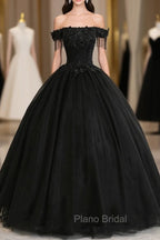 Black Tulle Lace Long Formal Prom Dresses, Black A-Line Evening Gown