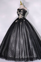 Black Tulle Lace Long Formal Prom Dresses, Black A-Line Strapless Evening Gown
