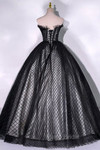 Black Tulle Lace Long Formal Prom Dresses, Black A-Line Strapless Evening Gown