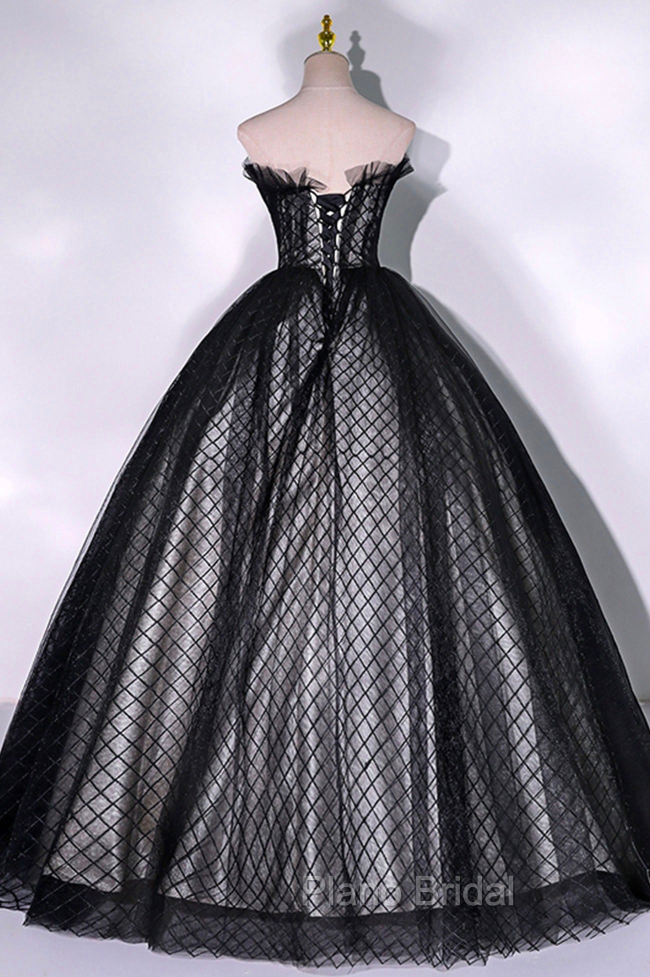 Black Tulle Lace Long Formal Prom Dresses, Black A-Line Strapless Evening Gown