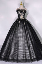 Black Tulle Lace Long Formal Prom Dresses, Black A-Line Strapless Evening Gown