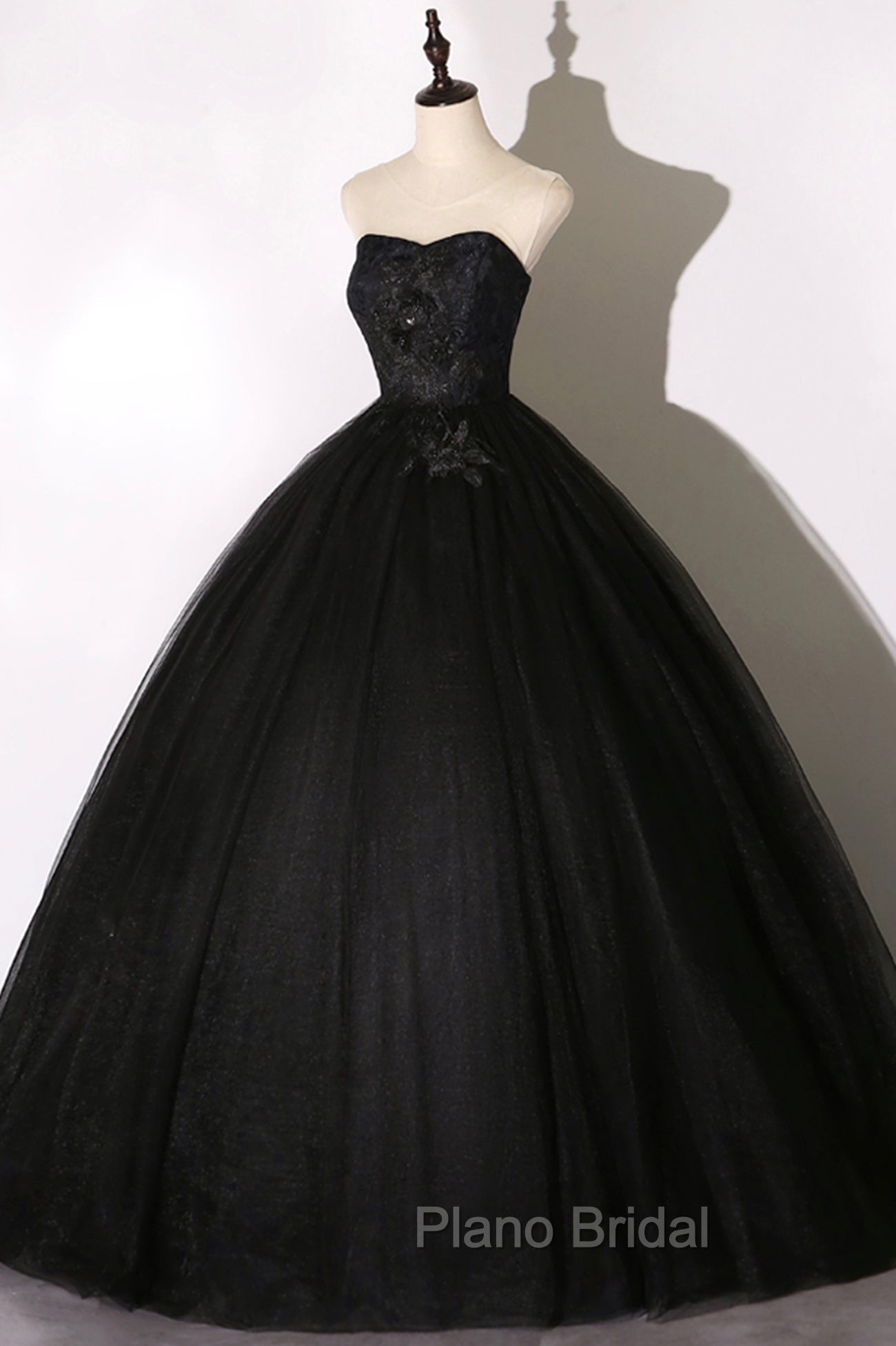Black Tulle Lace Long Formal Prom Dresses, Black Scoop Neckline Evening Party Dresses