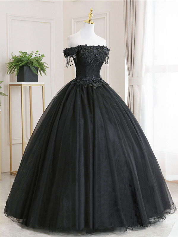 Black Tulle Lace Long Formal Prom Dresses, Black Tulle Lace Prom Dresses Secondary image