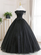 Black Tulle Lace Long Formal Prom Dresses, Black Tulle Lace Prom Dresses