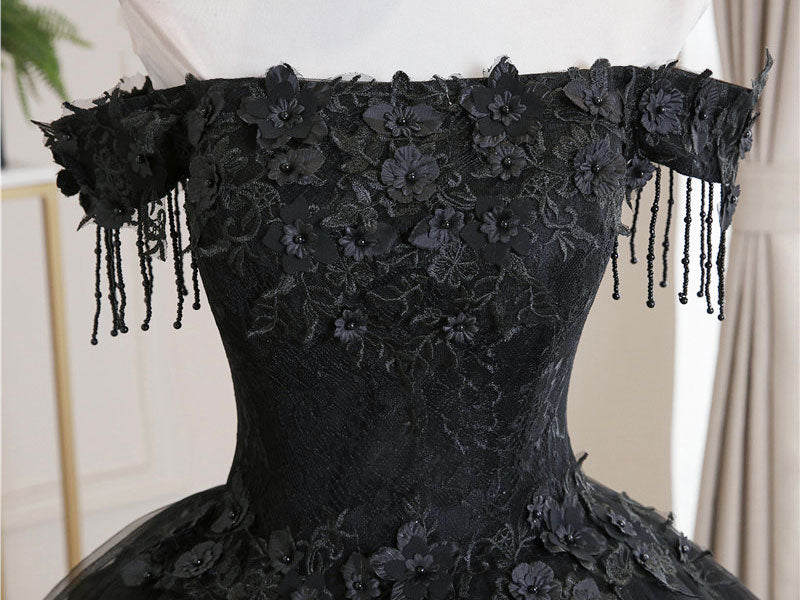 Black Tulle Lace Long Formal Prom Dresses, Black Tulle Lace Prom Dresses