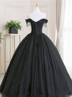 Black Tulle Lace Long Formal Prom Dresses, Black Tulle Lace Prom Dresses