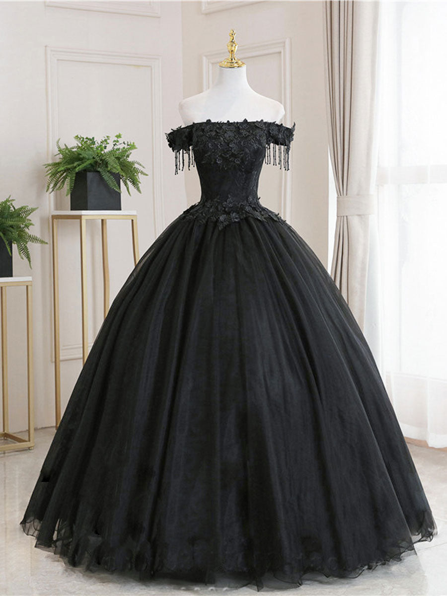 Black Tulle Lace Long Formal Prom Dresses, Black Tulle Lace Prom Dresses Main image