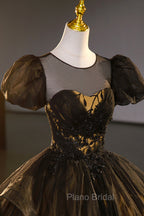 Black Tulle Lace Long Formal Prom Dresses, Black Short Sleeve Evening Dresses