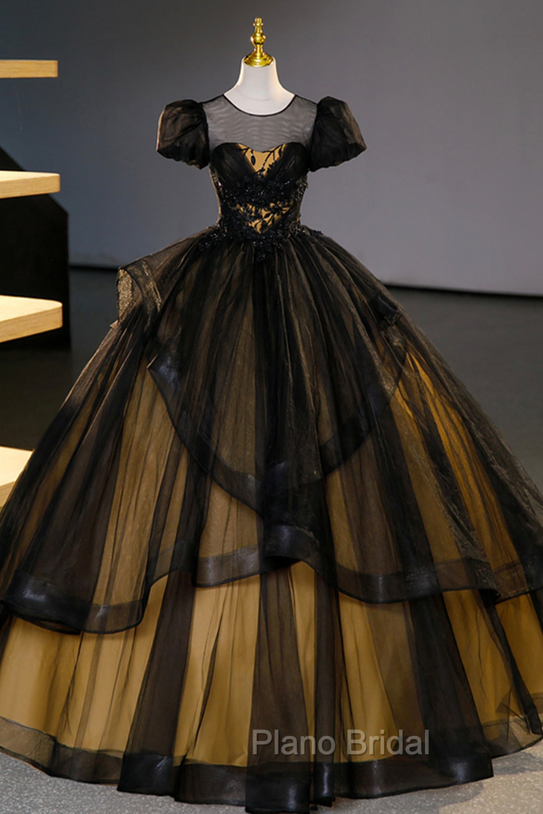 Black Tulle Lace Long Formal Prom Dresses, Black Short Sleeve Evening Dresses