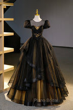 Black Tulle Lace Long Formal Prom Dresses, Black Short Sleeve Evening Dresses