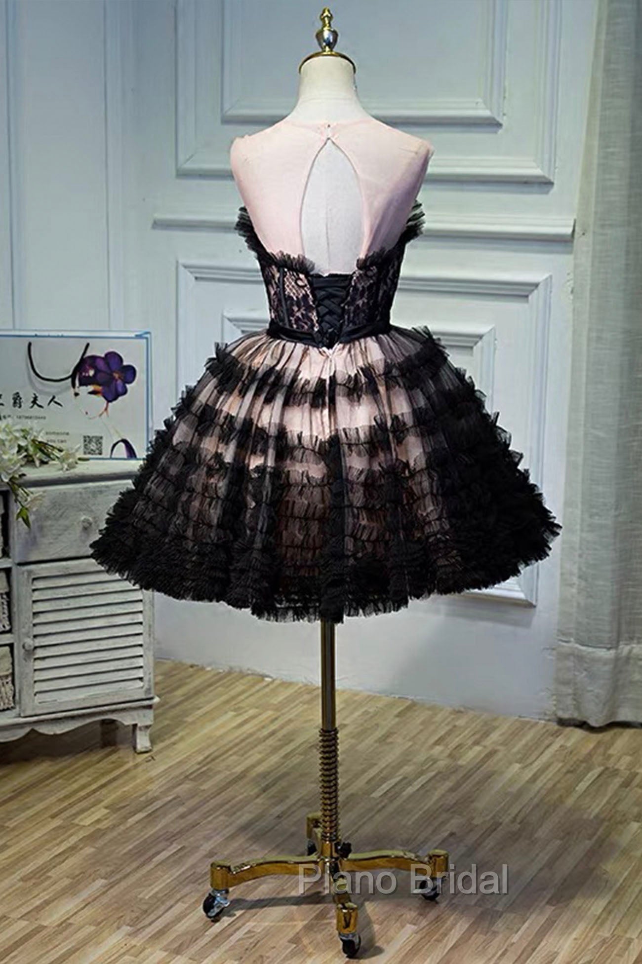 Black Tulle Lace Short Formal Prom Dresses, A-Line Black Homecoming Dresses
