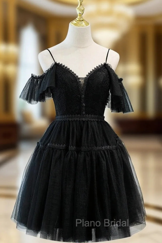 Black Tulle Lace Spaghetti Straps Button Homecoming Dresses Main image