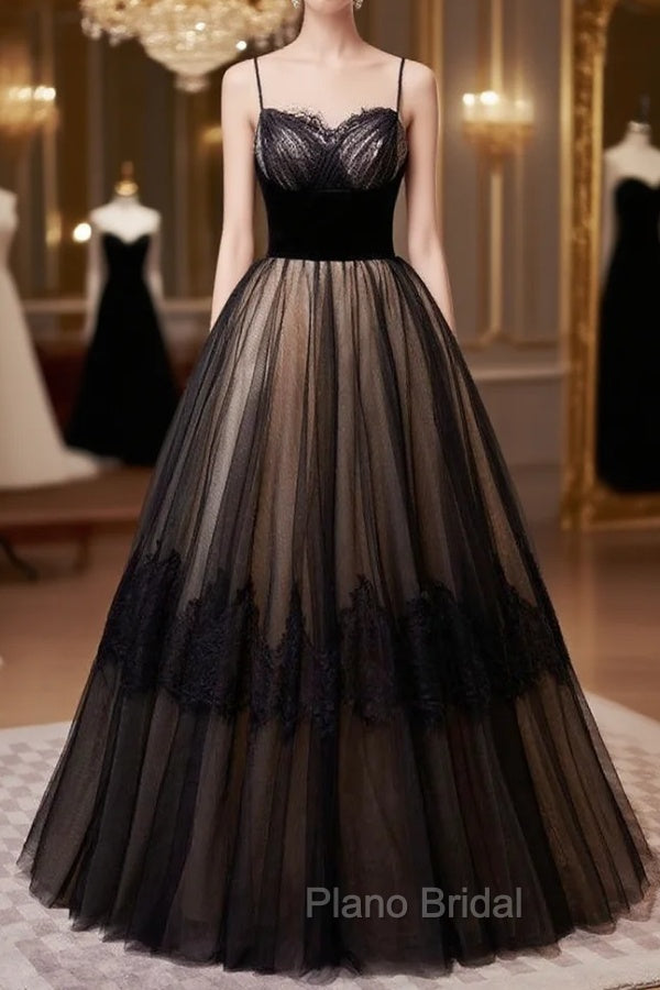 Black Tulle Lace Spaghetti Straps Formal Prom Dresses