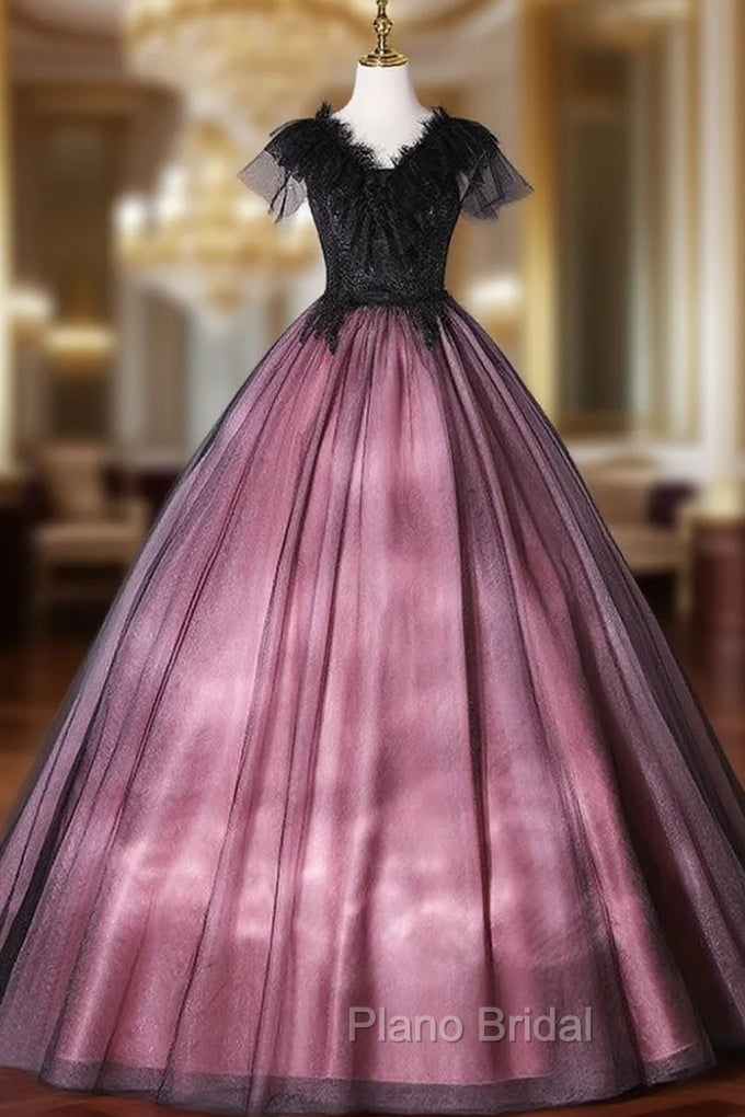 Black Tulle Lace V-neck Beading Quinceanera Dresses