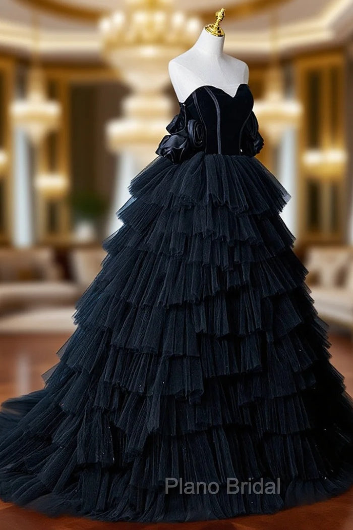 Black Tulle Layers Long Formal Dresses, Black A-Line Strapless Evening Dresses Main image