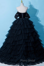 Black Tulle Layers Long Formal Dresses, Black A-Line Strapless Evening Dresses