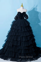 Black Tulle Layers Long Formal Dresses, Black A-Line Strapless Evening Dresses