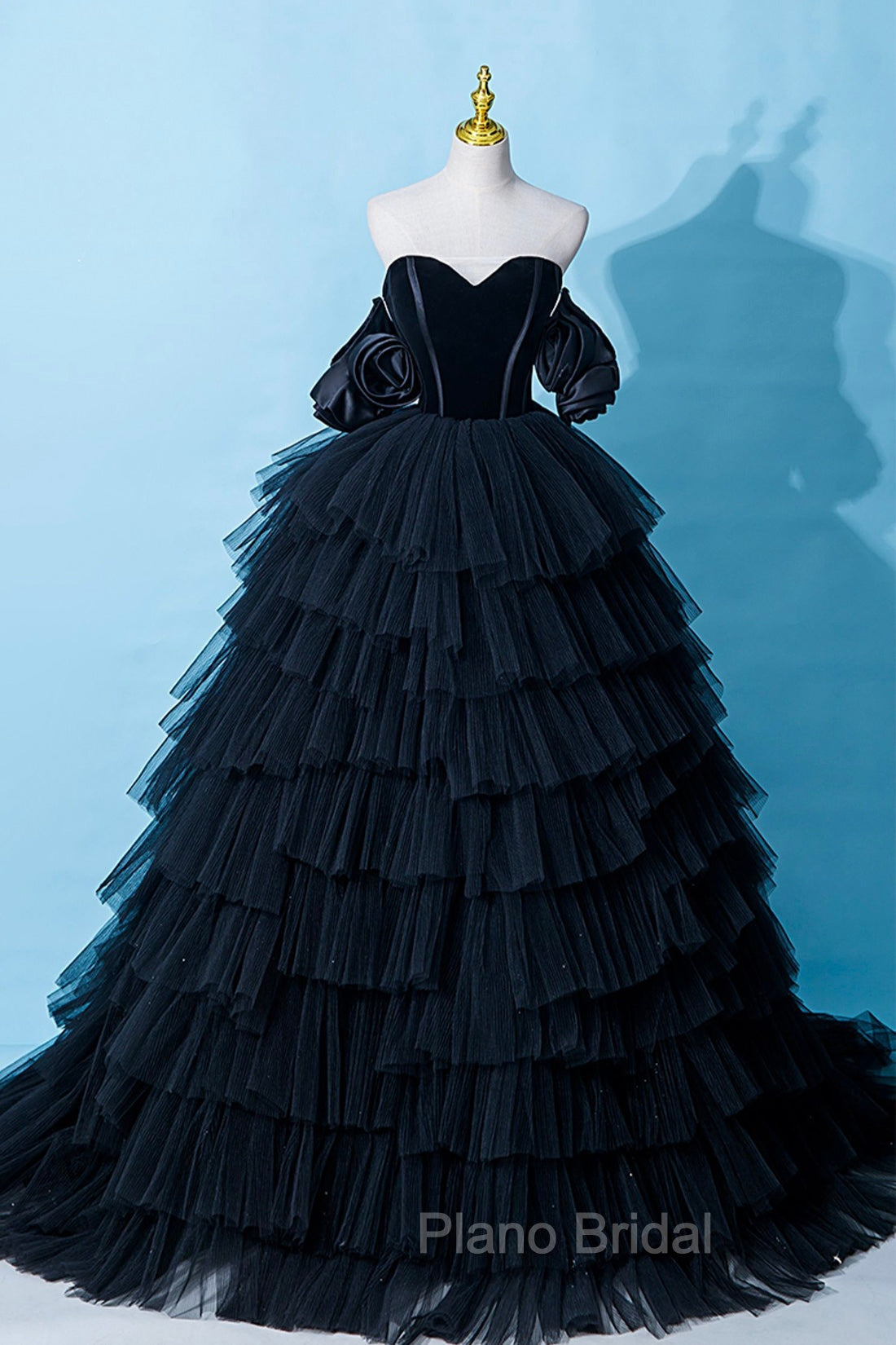 Black Tulle Layers Long Formal Dresses, Black A-Line Strapless Evening Dresses Secondary image