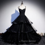 Black Tulle Layers Straps Beaded Long Evening Dresses, Black Formal Dresses Formal Prom Dresses