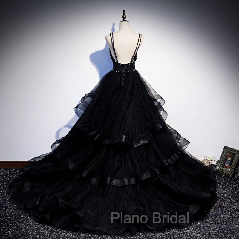 Black Tulle Layers Straps Beaded Long Evening Dresses, Black Formal Dresses Formal Prom Dresses