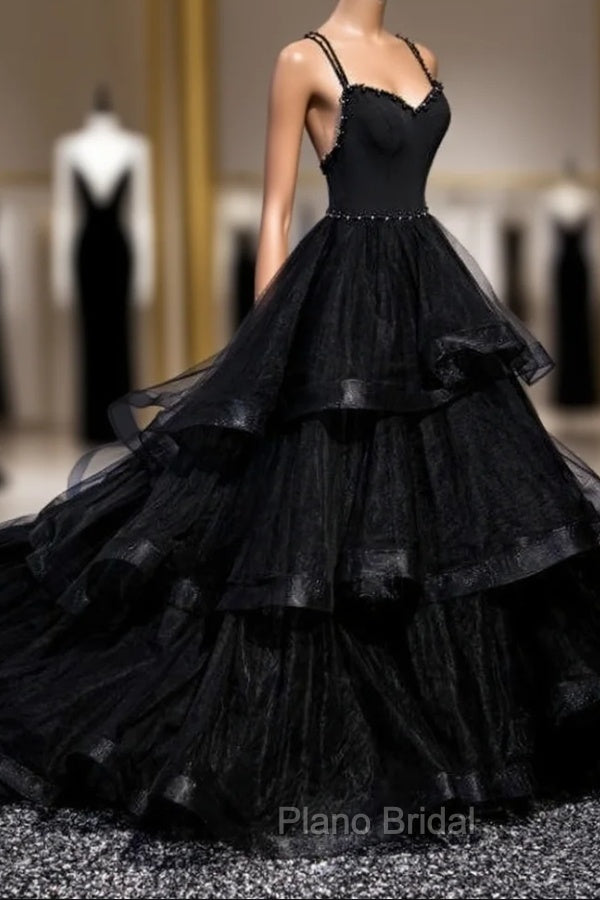 Black Tulle Layers Straps Beaded Long Evening Dresses, Black Formal Dresses Formal Prom Dresses