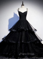 Black Tulle Layers Straps Beaded Long Evening Dresses, Black Formal Dresses Formal Prom Dresses