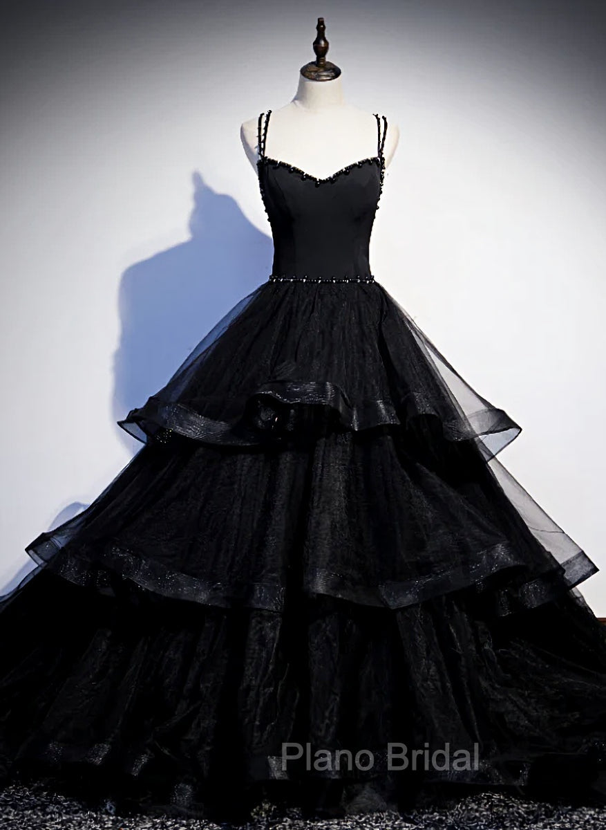 Black Tulle Layers Straps Beaded Long Evening Dresses, Black Formal Dresses Formal Prom Dresses