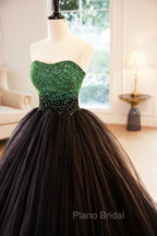 Black Tulle Long Formal Dresses with Green Beaded, Black Strapless Formal Prom Dresses