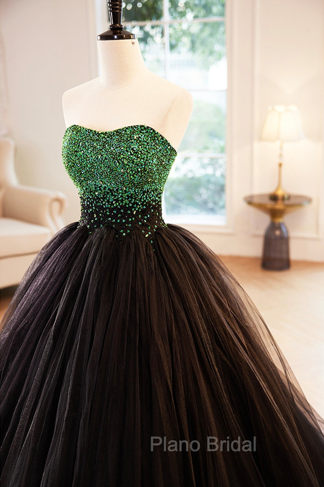 Black Tulle Long Formal Dresses with Green Beaded, Black Strapless Formal Prom Dresses