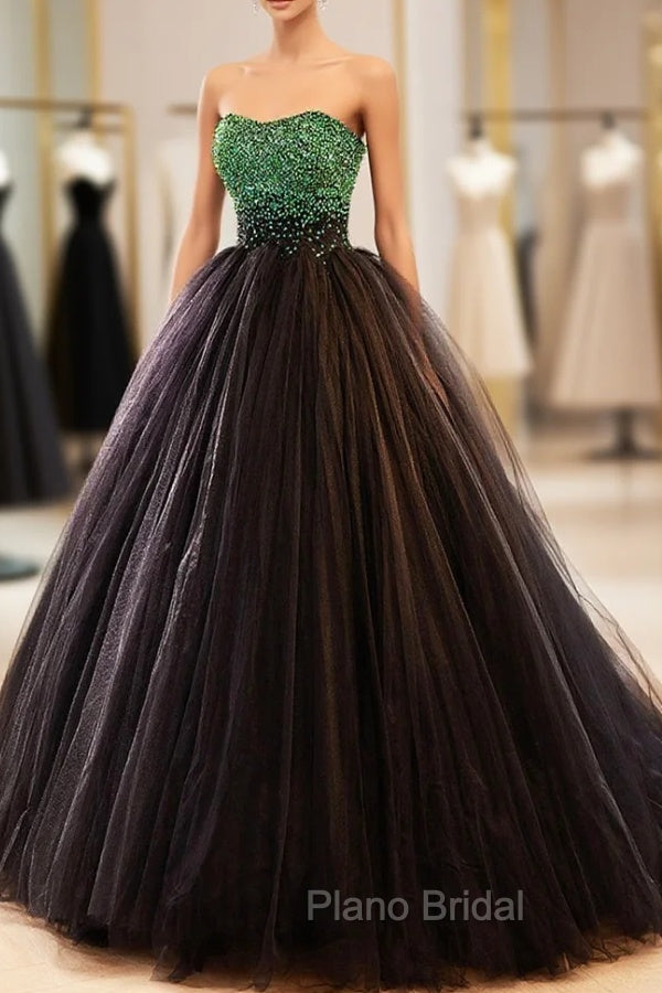 Black Tulle Long Formal Dresses with Green Beaded, Black Strapless Formal Prom Dresses