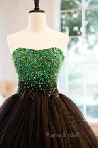 Black Tulle Long Formal Dresses with Green Beaded, Black Strapless Formal Prom Dresses
