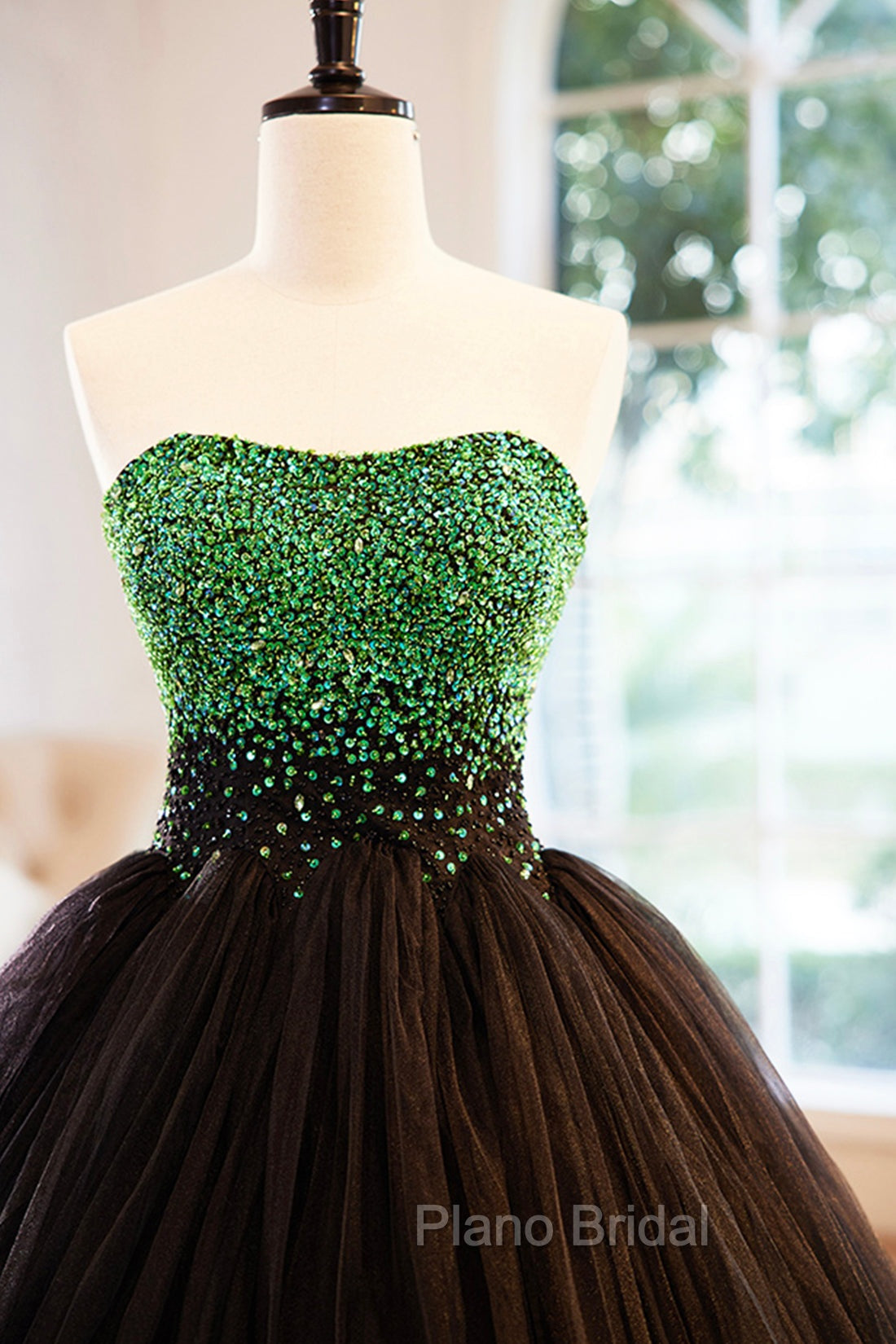 Black Tulle Long Formal Dresses with Green Beaded, Black Strapless Formal Prom Dresses