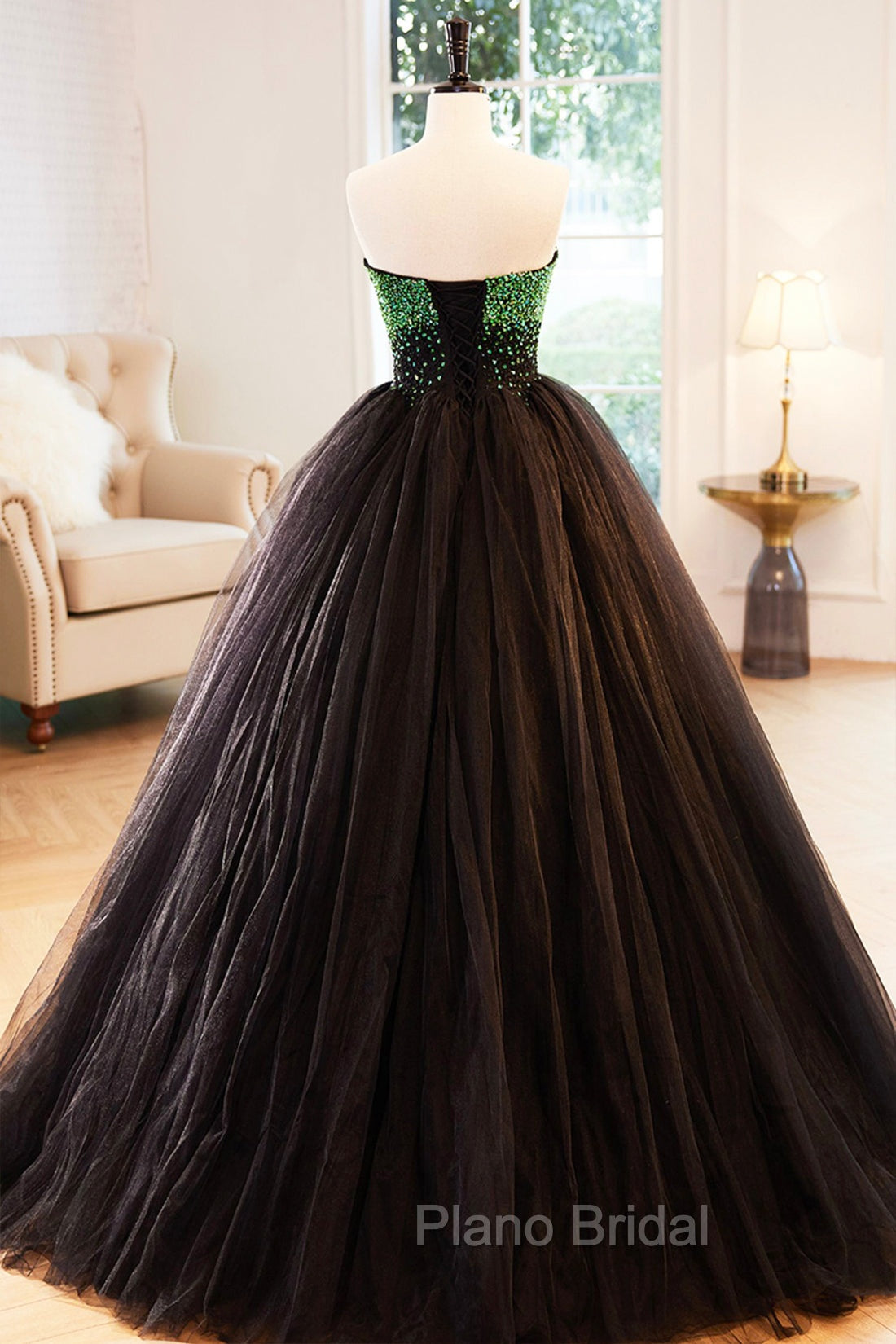 Black Tulle Long Formal Dresses with Green Beaded, Black Strapless Formal Prom Dresses