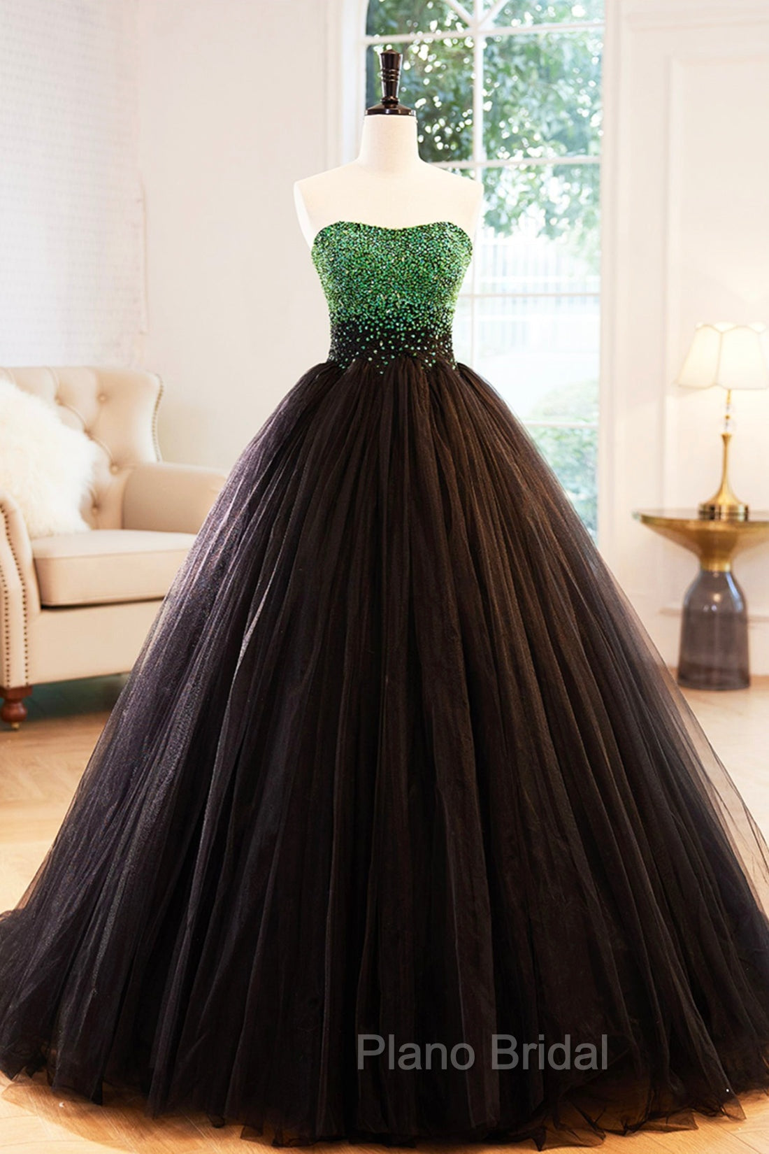 Black Tulle Long Formal Dresses with Green Beaded, Black Strapless Formal Prom Dresses Main image