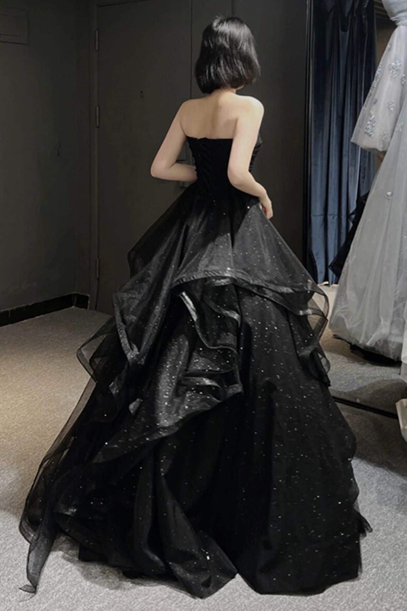 Black Tulle Layers Long A-Line Formal Prom Dresses, Black Strapless Formal Evening Dresses Secondary image