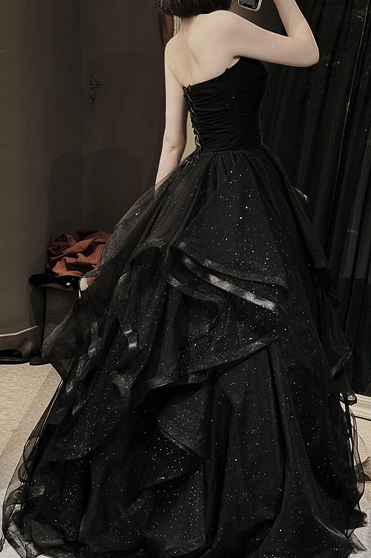 Black Tulle Layers Long A-Line Formal Prom Dresses, Black Strapless Formal Evening Dresses